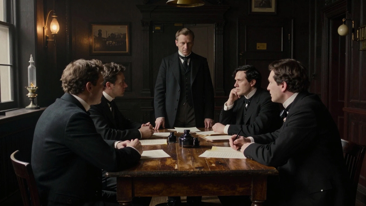 Victorian gentlemen debating football rules at Freemasons' Tavern, 1863
