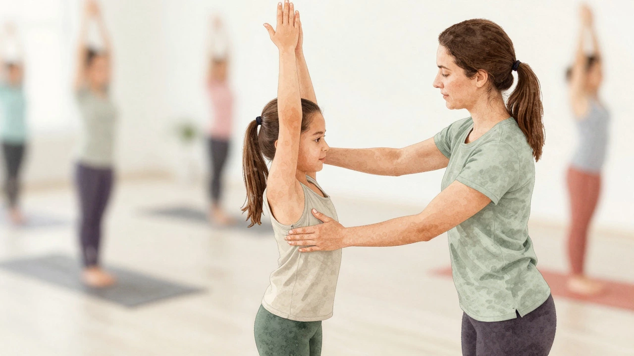 Watercolor illustration of a yoga teacher adjusting a student's posture for alignment.
