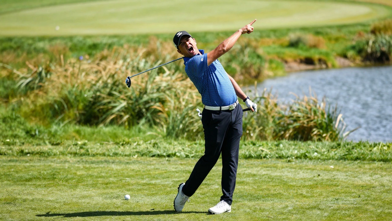 Angry golfer pointing at the sky while shouting after hitting a difficult shot