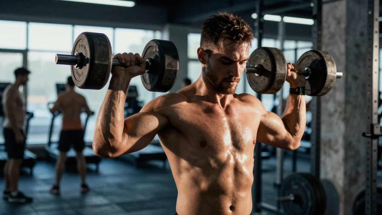 Athlete lifting weights intensely in gym afternoon