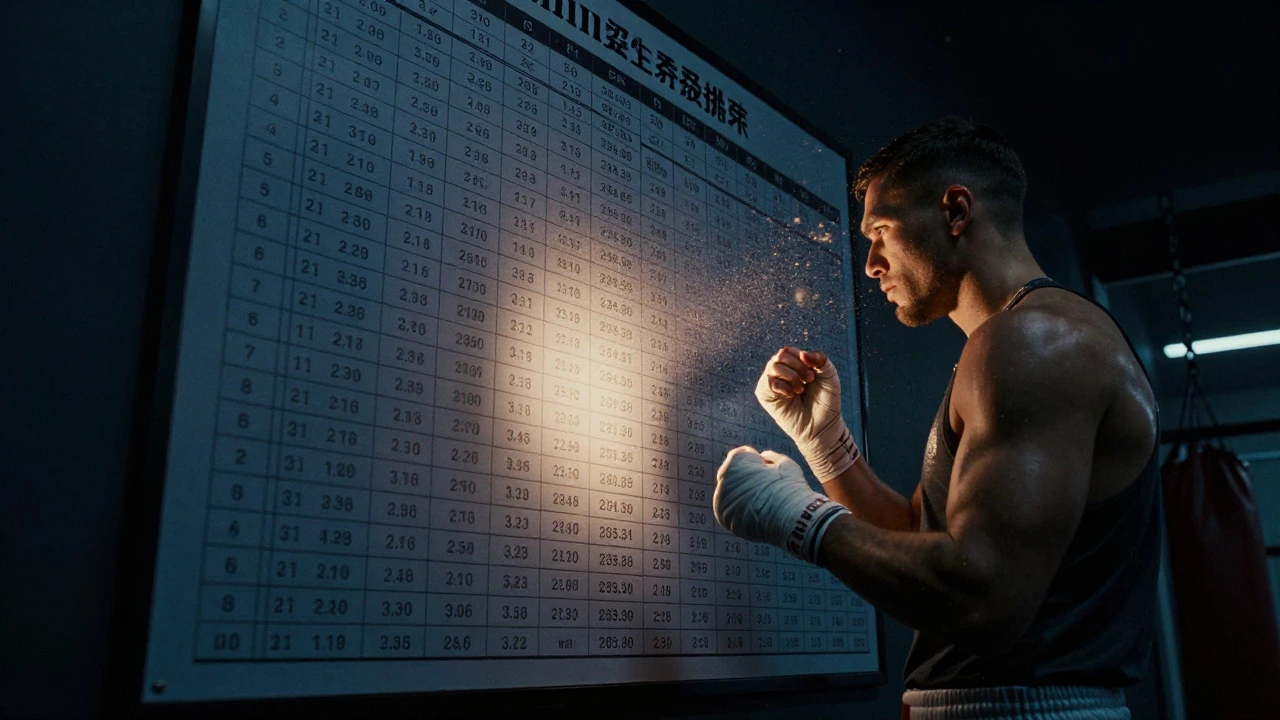 Boxer looking at ranking chart in a dimly lit gym