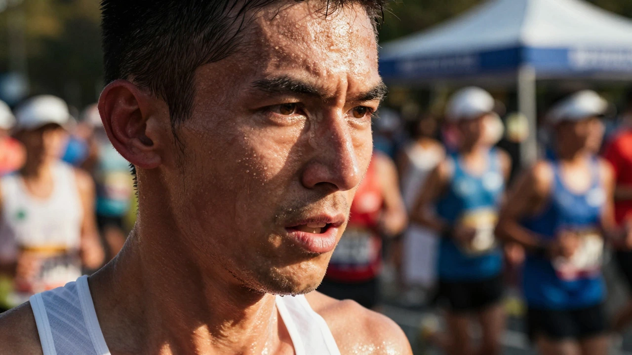 Close-up of exhausted runner pushing through final marathon miles