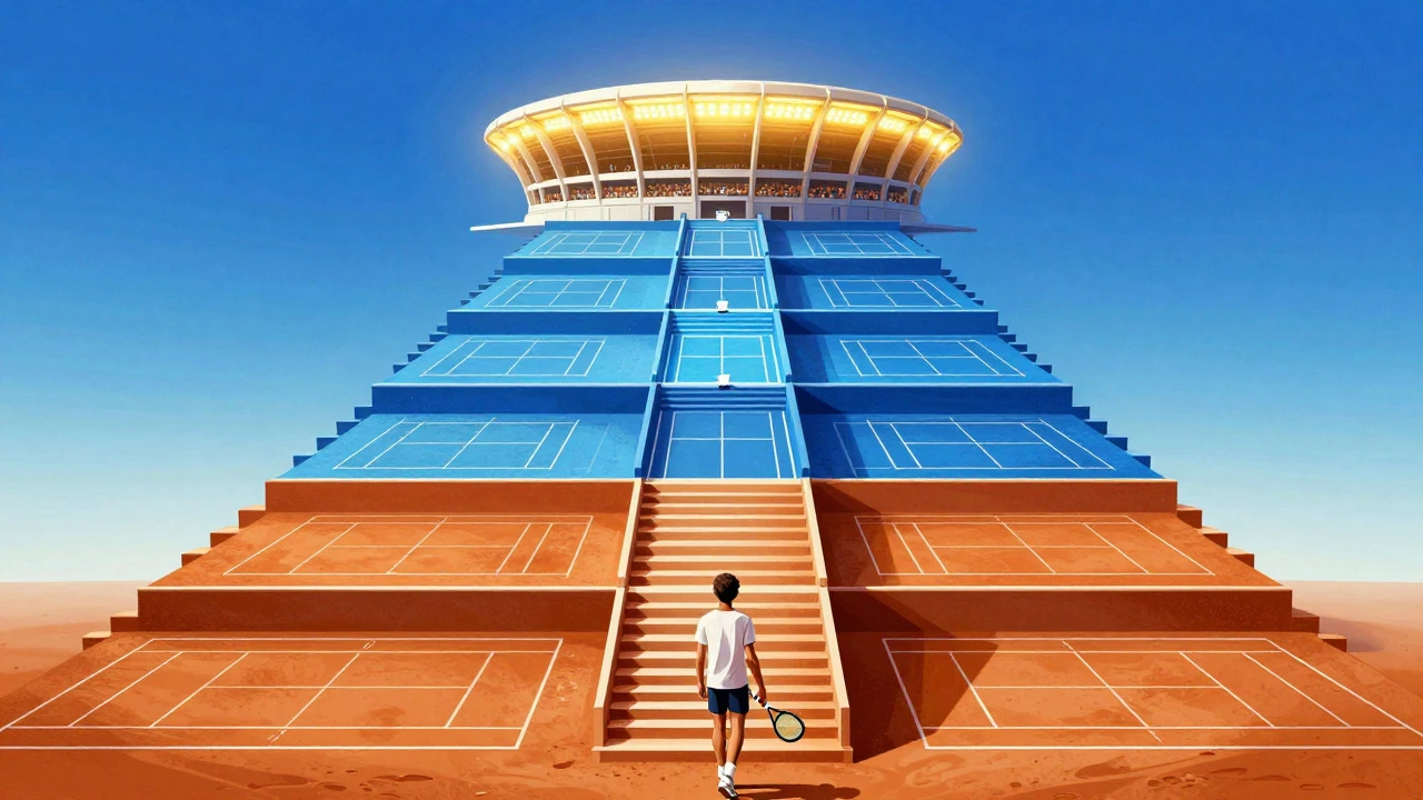 Conceptual illustration of a tennis player climbing a hierarchy of tournament levels towards a major stadium
