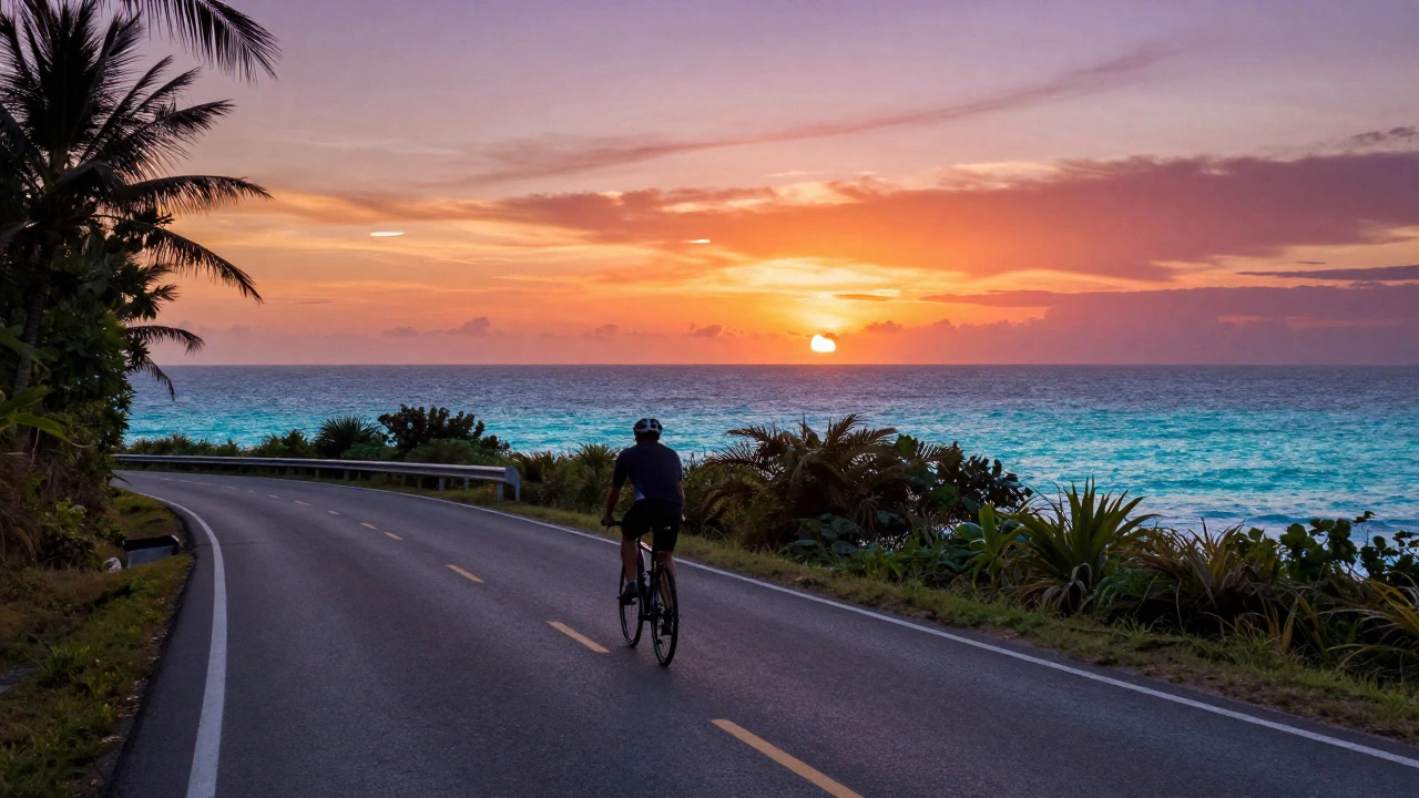 Cyclist riding on a coastal highway near Puerto Vallarta at sunset