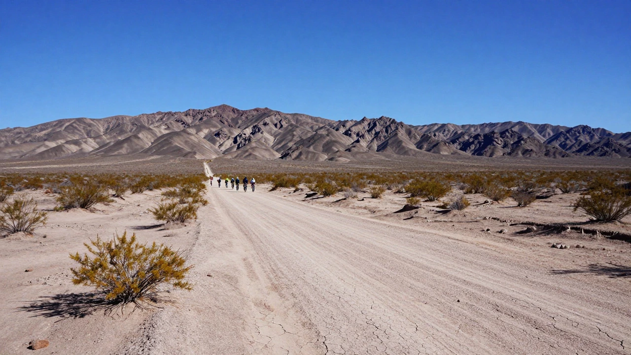 Group of cyclists riding through the vast desert landscape of northern Mexico