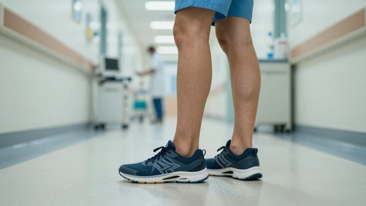 Healthcare worker in running shoes standing in a hospital corridor