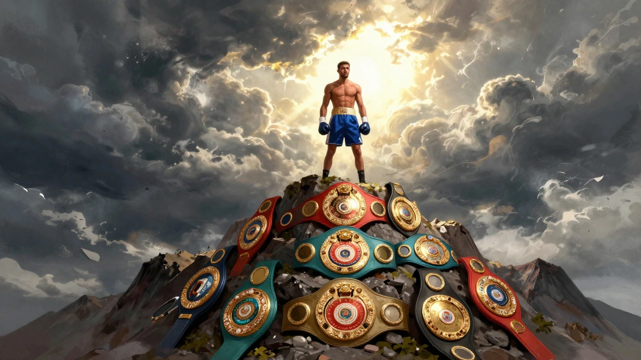Illustration of a boxer standing on a pile of belts