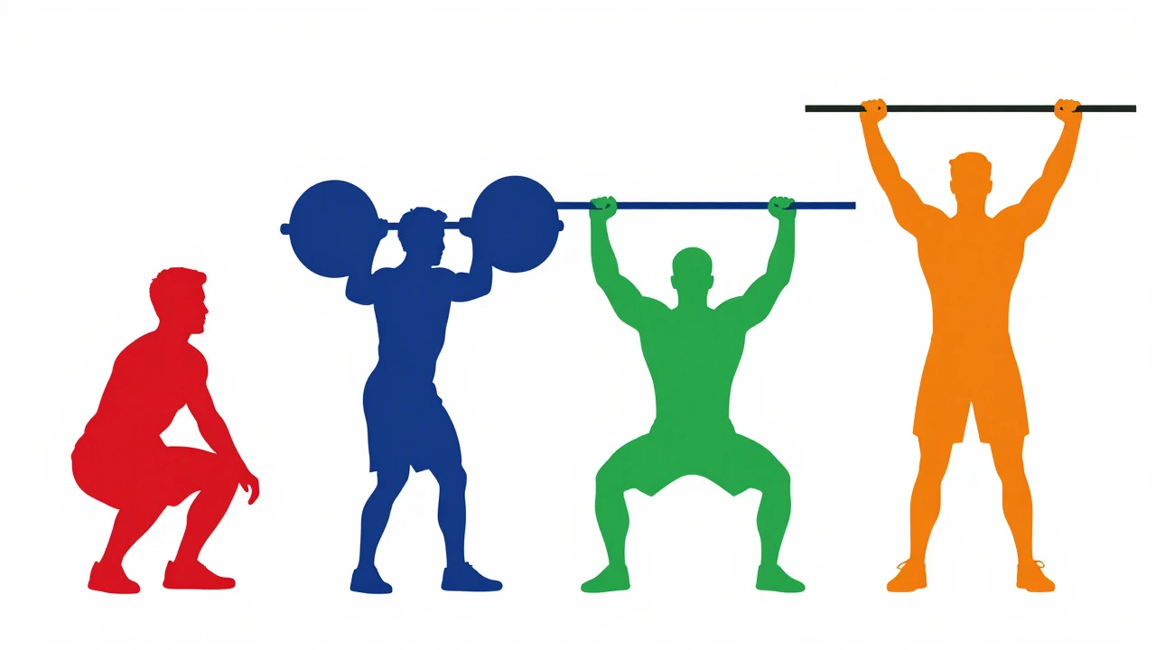 Illustration of four compound exercise silhouettes in bright colors