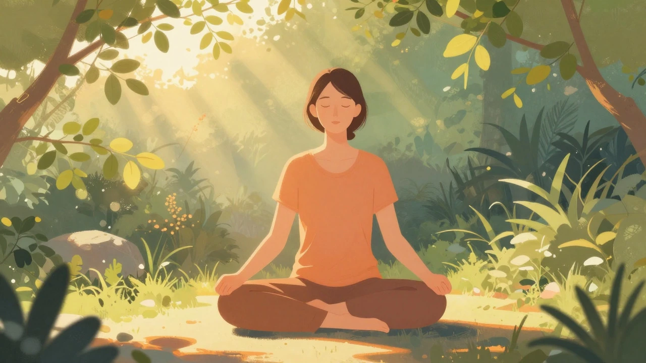 Individual meditating in a sunny garden during sunrise