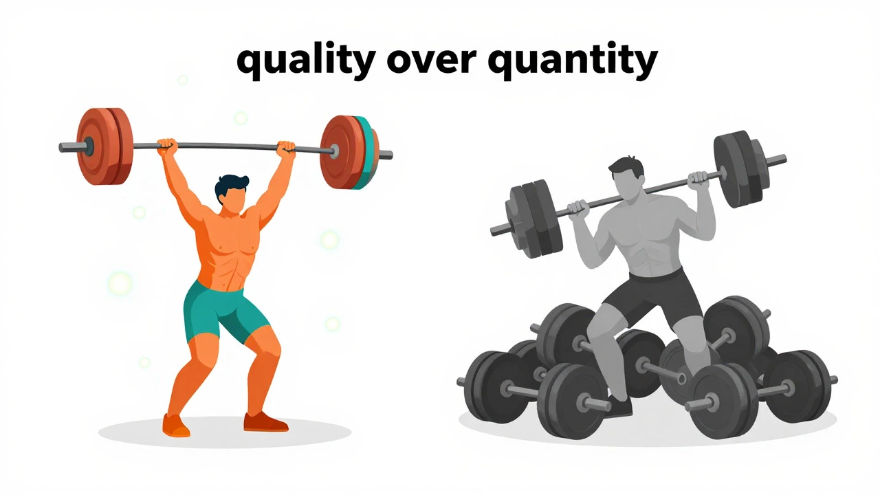 Minimalist art contrasting one compound lift vs many isolation moves