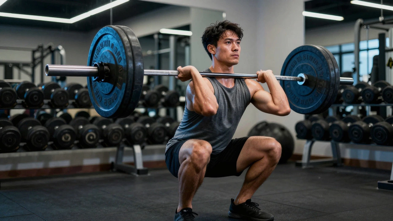 Person performing a heavy barbell squat in a modern gym setting