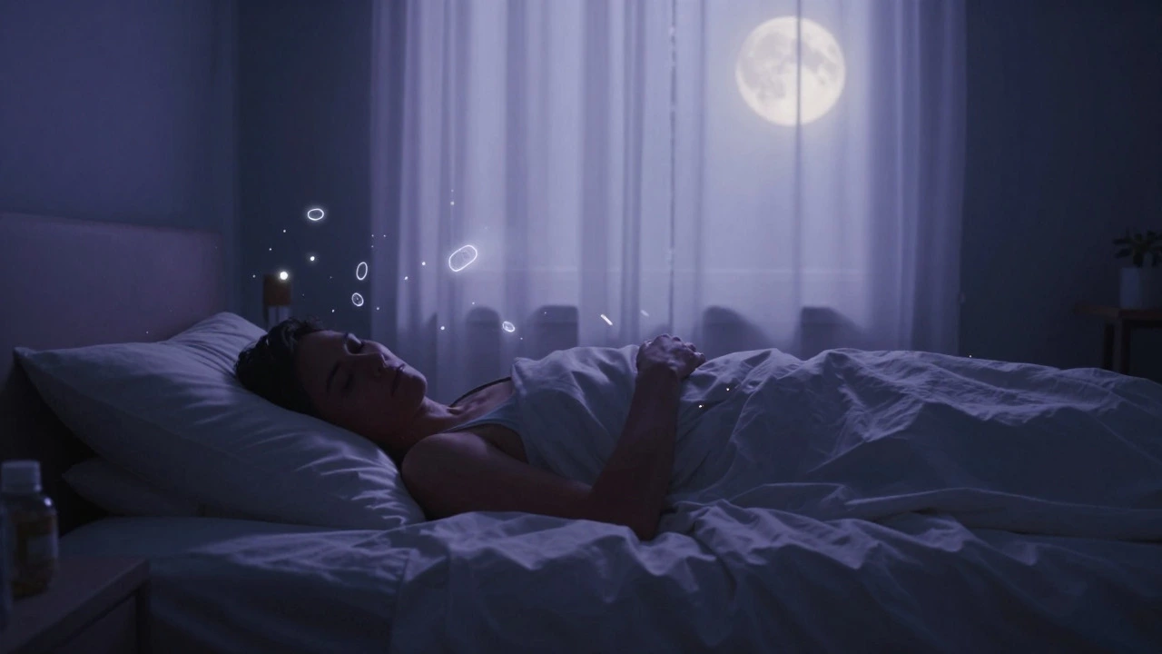 Person sleeping peacefully with glowing particles symbolizing recovery
