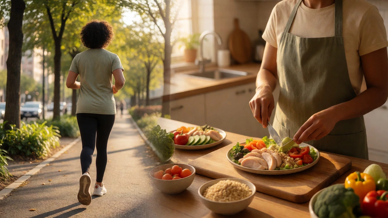 Person walking outside then preparing a healthy protein-rich meal