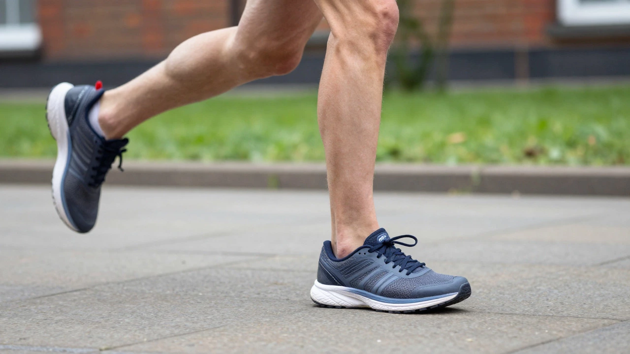 Runner's feet in motion on a paved path wearing stability shoes