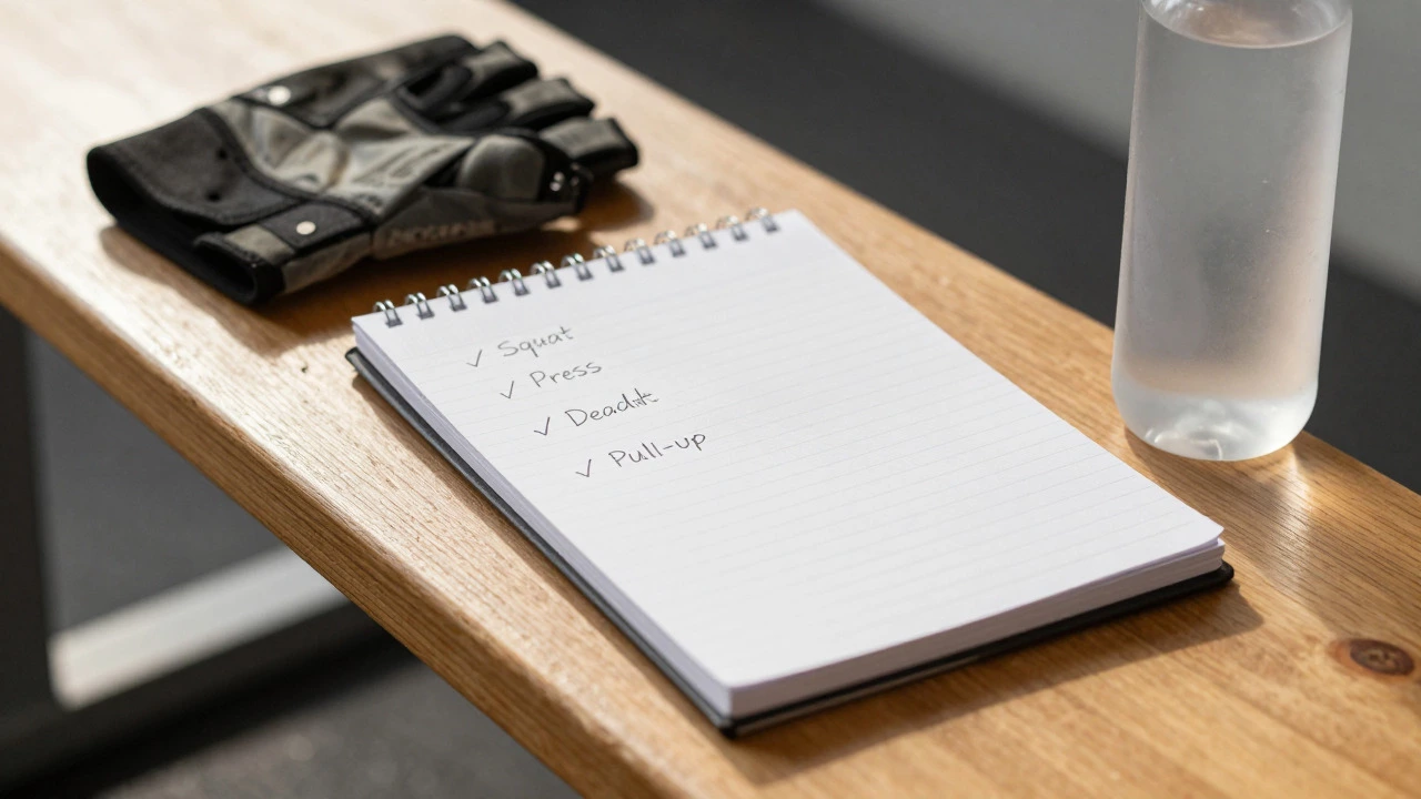 Simple workout log with four exercises tracked on a gym bench