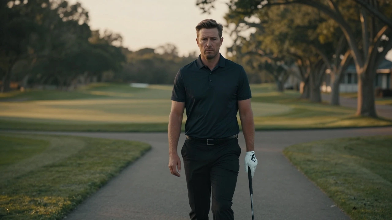Stoic golfer walking calmly on a path during golden hour light