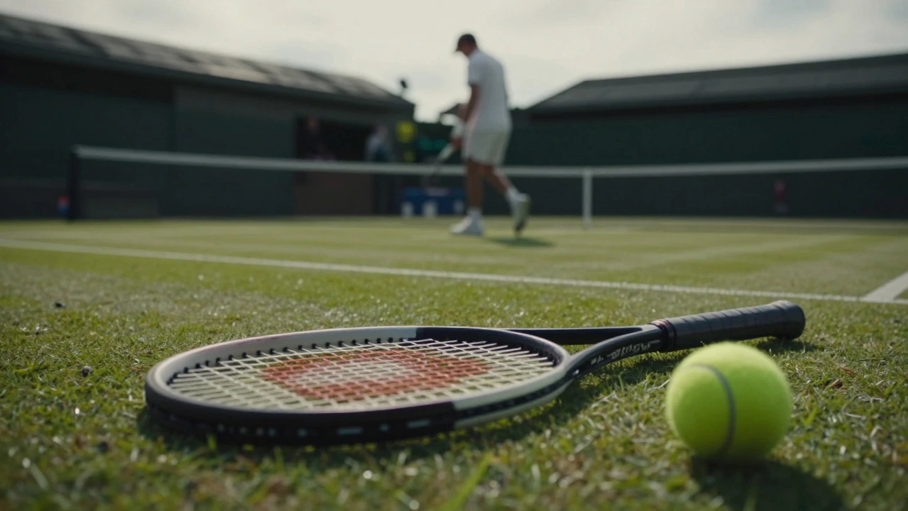 Tennis racket and ball on grass court with a player walking away in the background