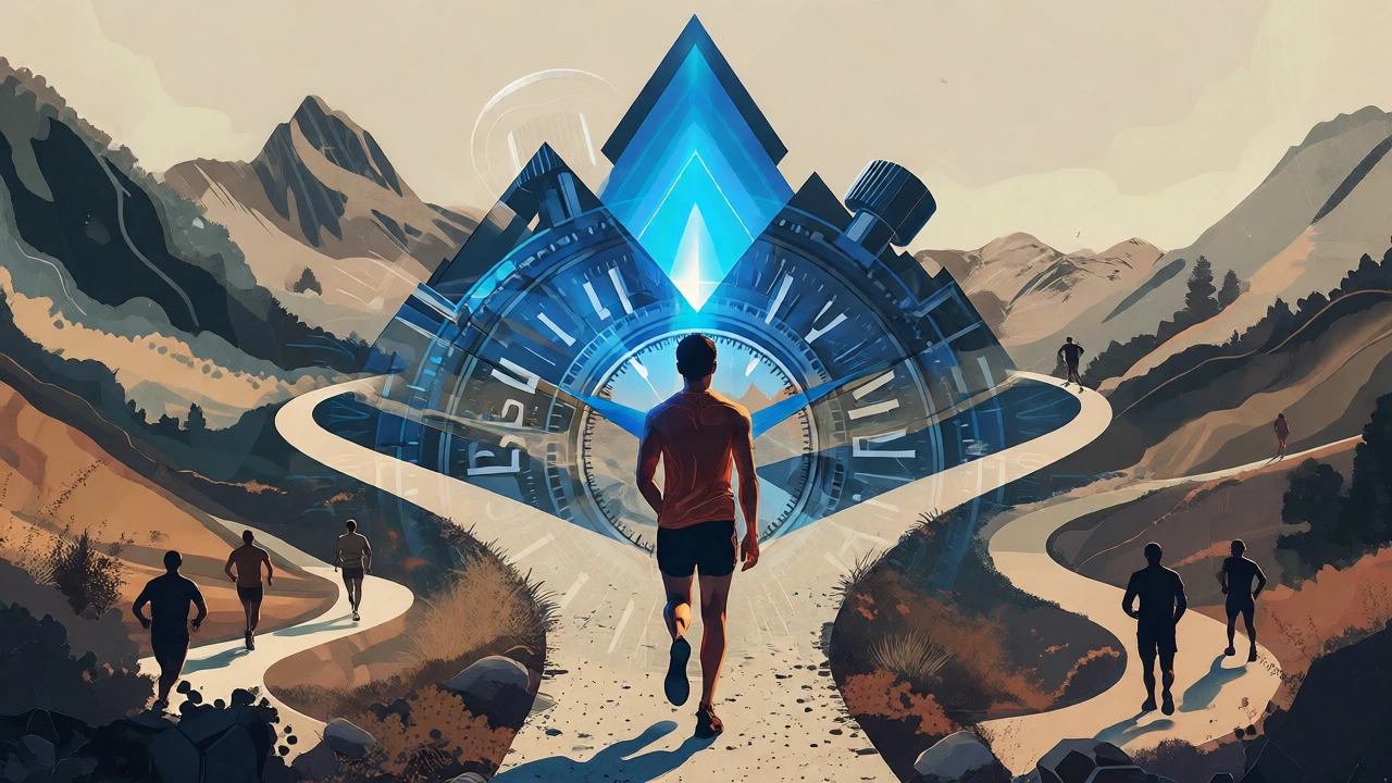 Abstract conceptual art of a runner choosing between elite paths and community