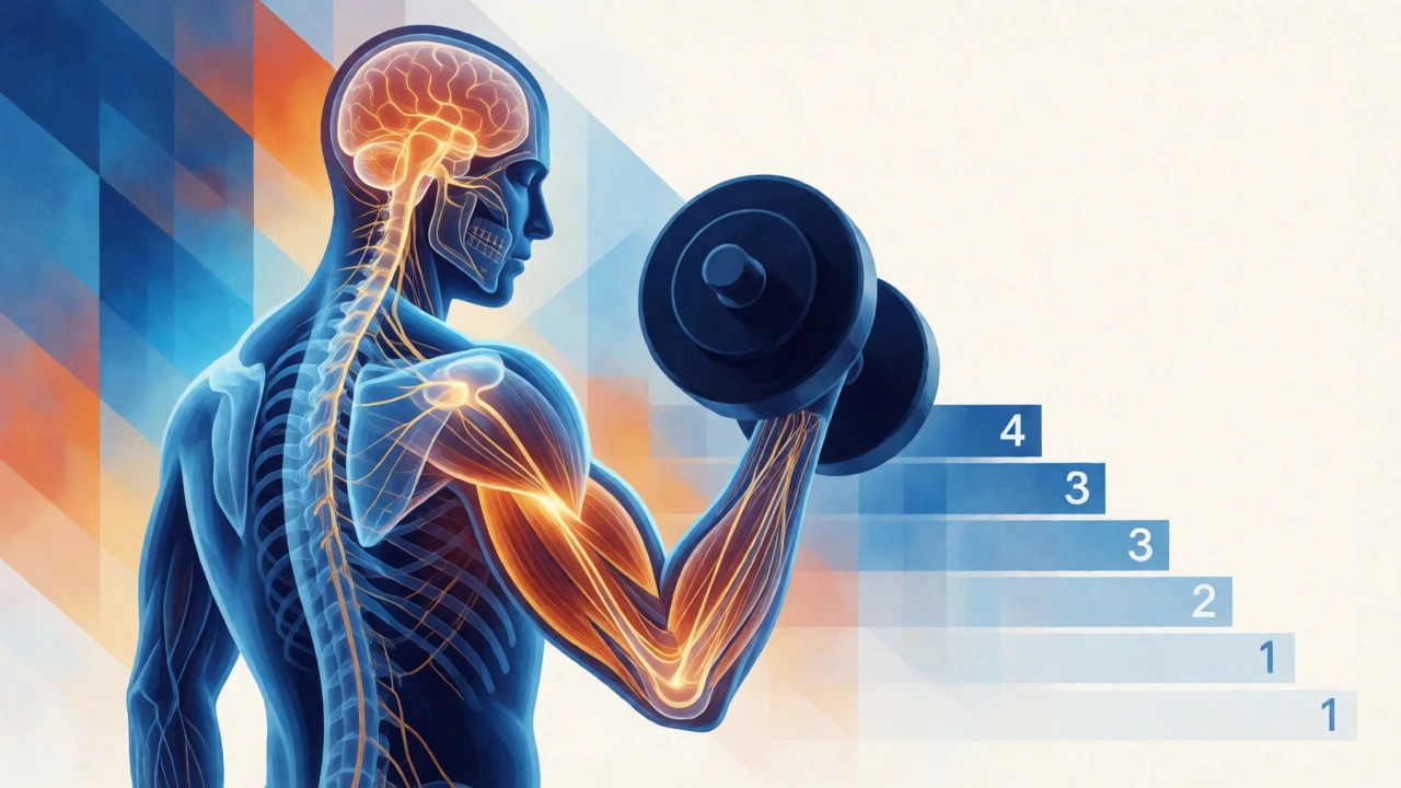 Abstract illustration showing neural energy pathways activating muscles during strength training.