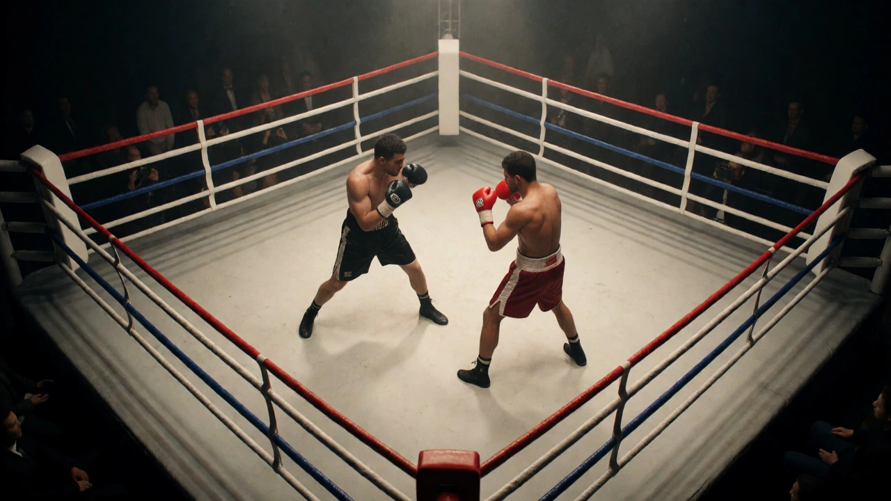 Aerial view of boxers controlling ring position in a corner