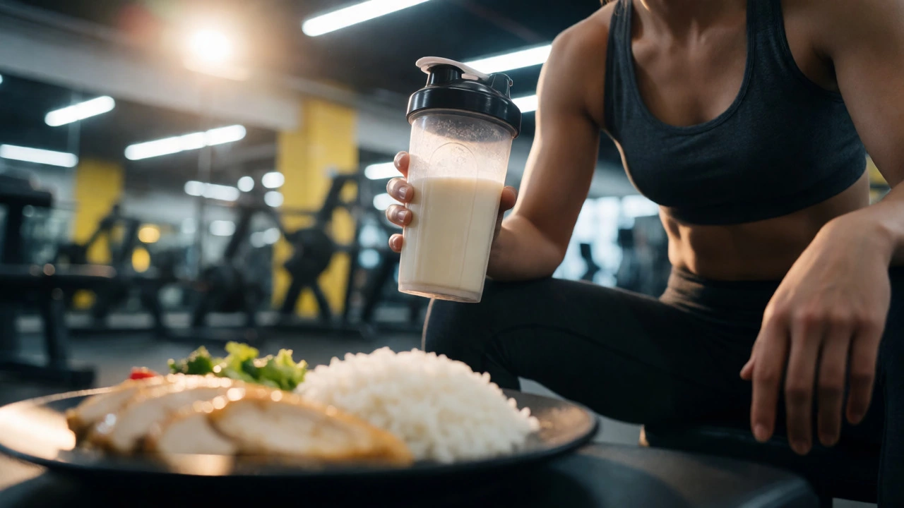 Athlete holding protein shake after gym workout