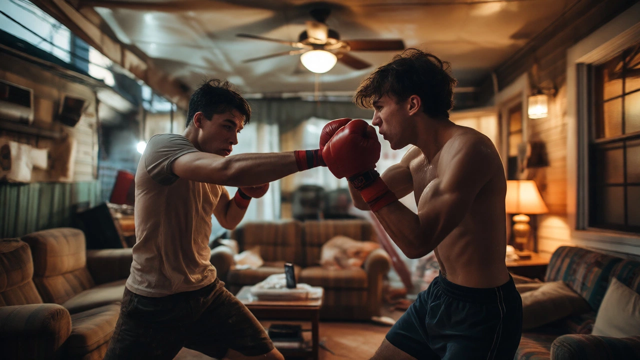 Chaotic street boxing brawl in a residential living room