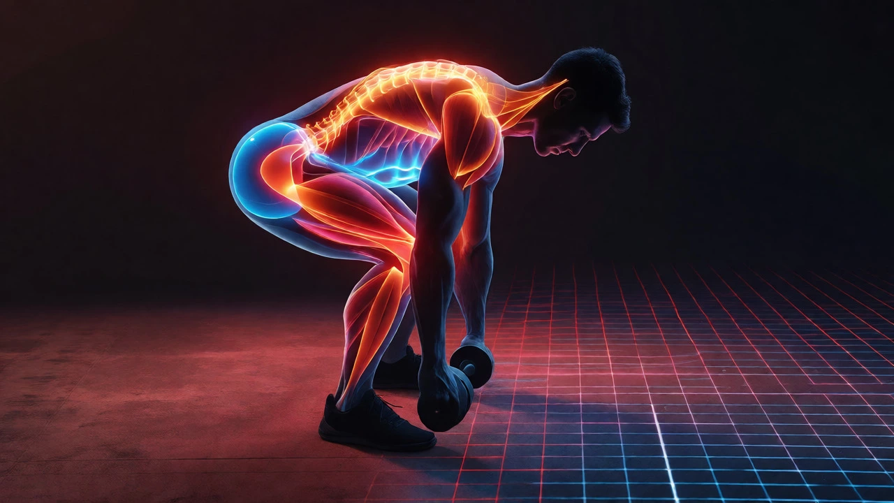 Conceptual visualization of muscle groups activated during a deadlift.