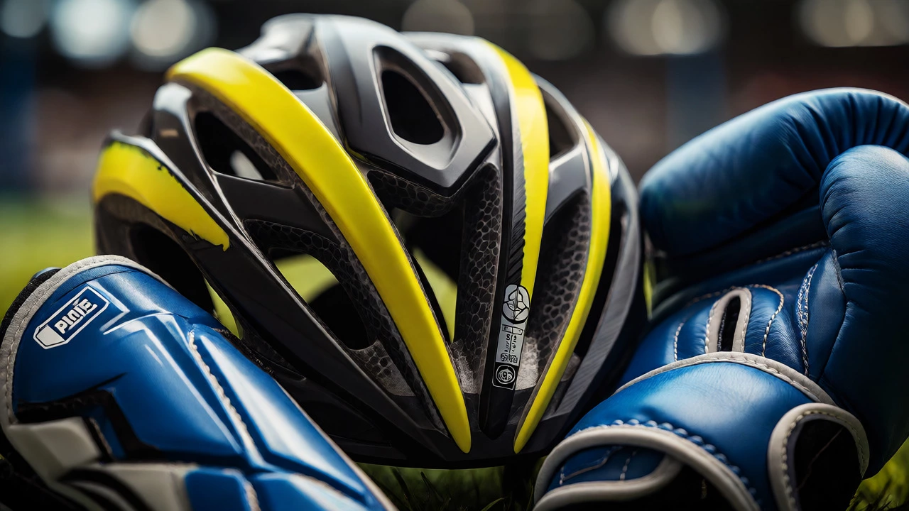 Cyclist helmet, soccer shin guards, and boxing gloves close-up