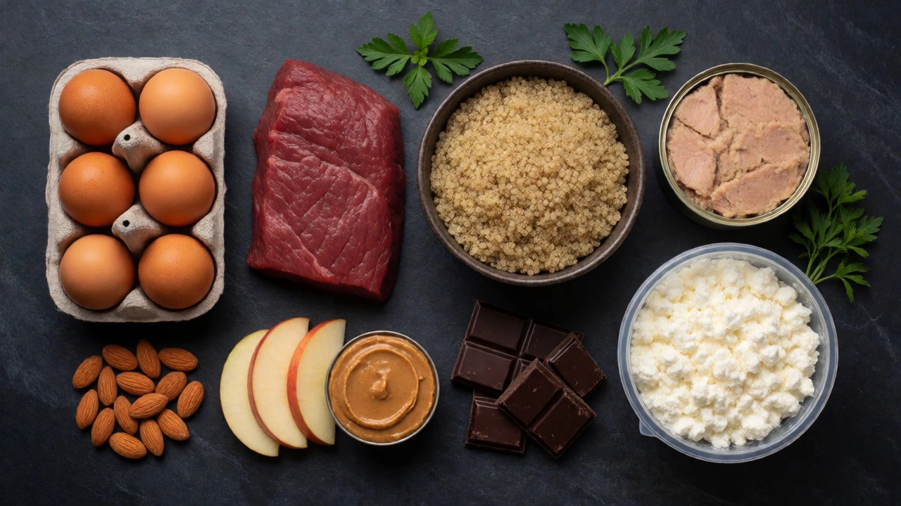 Flat lay of muscle-building foods like eggs and beef