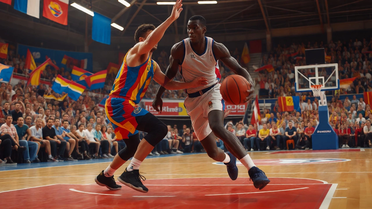 Intense basketball drive during a crowded European league match