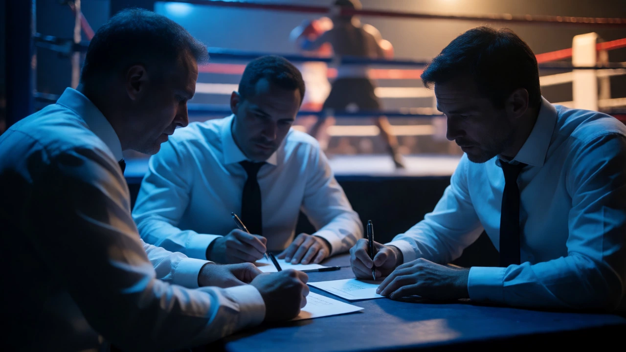 Judges watching a boxing match closely from ringside seats