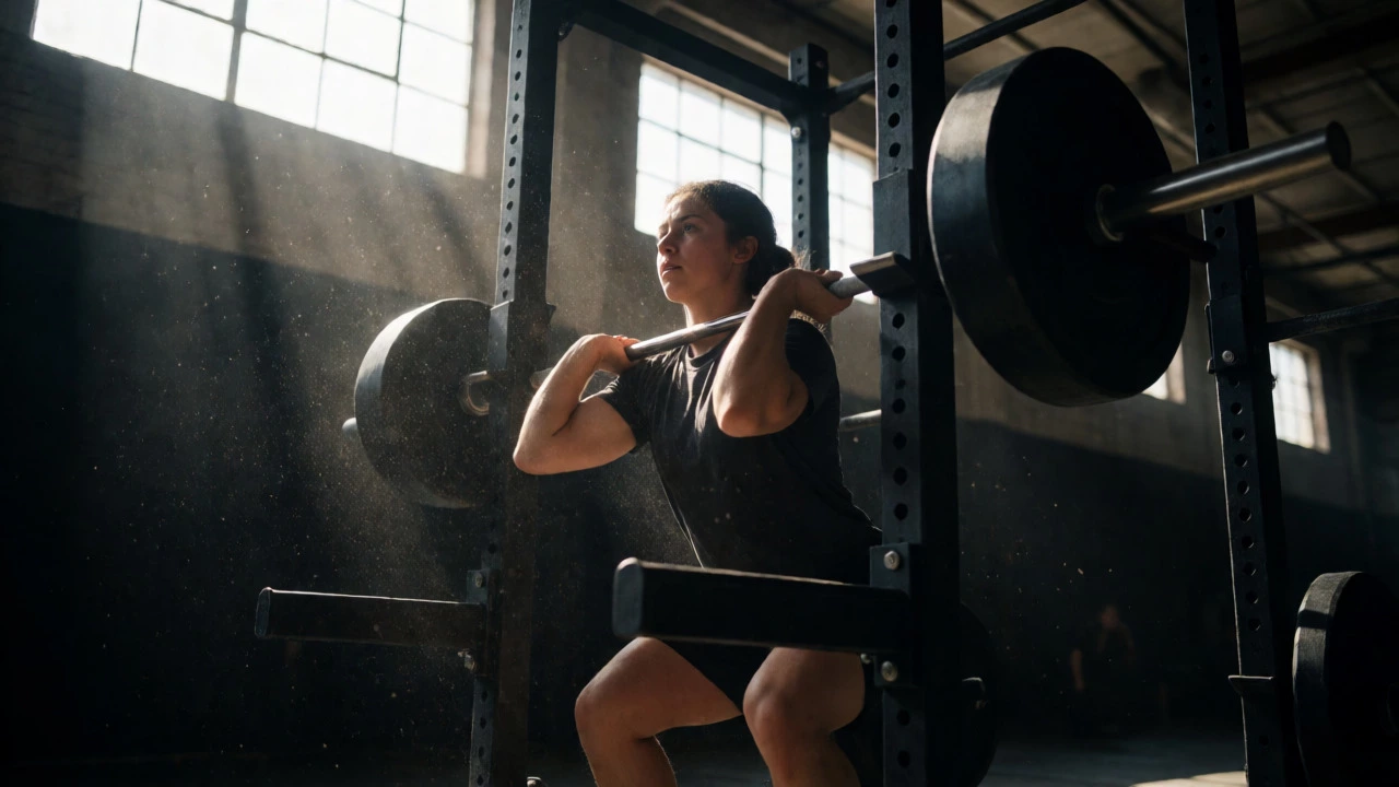 Lifter preparing for a maximal single-rep squat under intense gym lighting.
