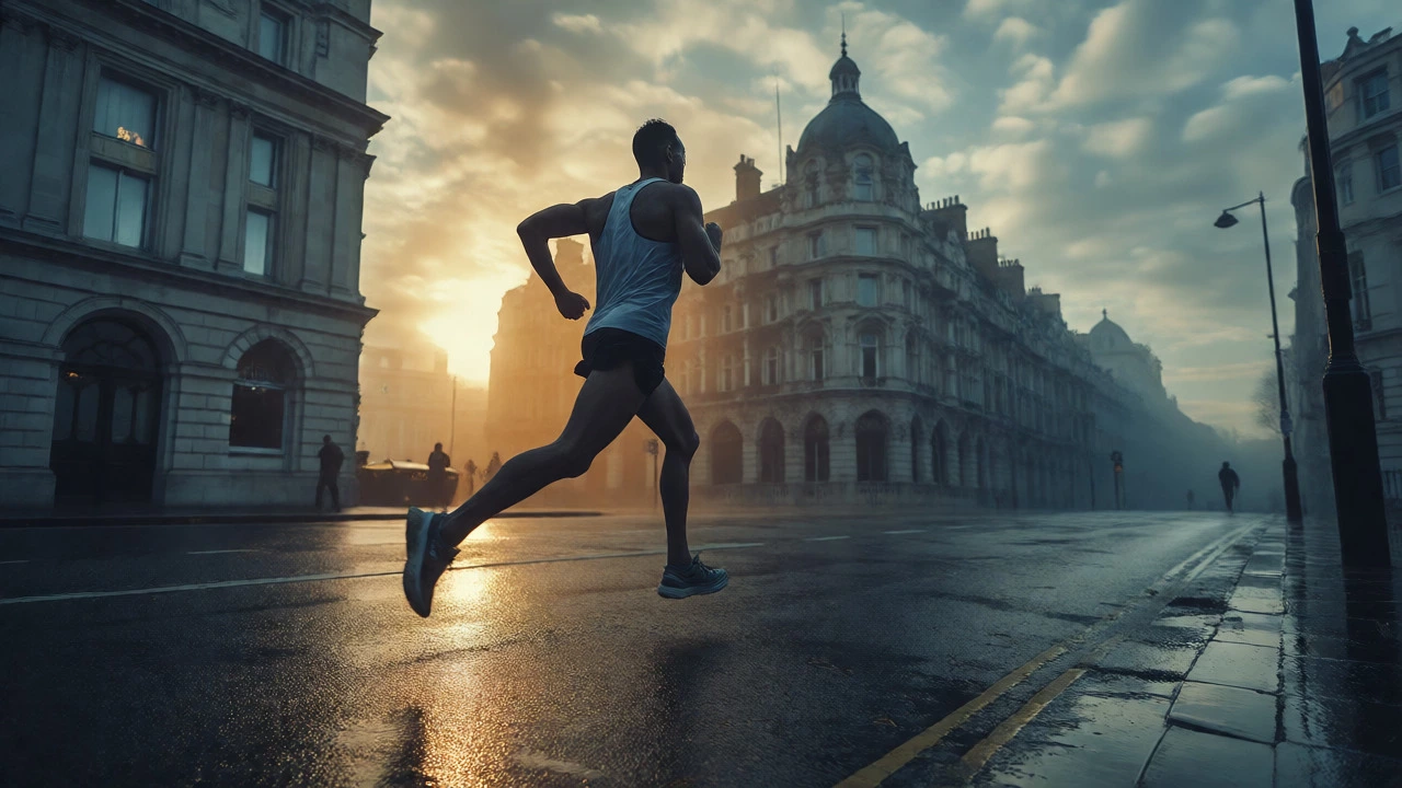 Lone marathon runner sprinting on a wet city street at dawn in cinematic style