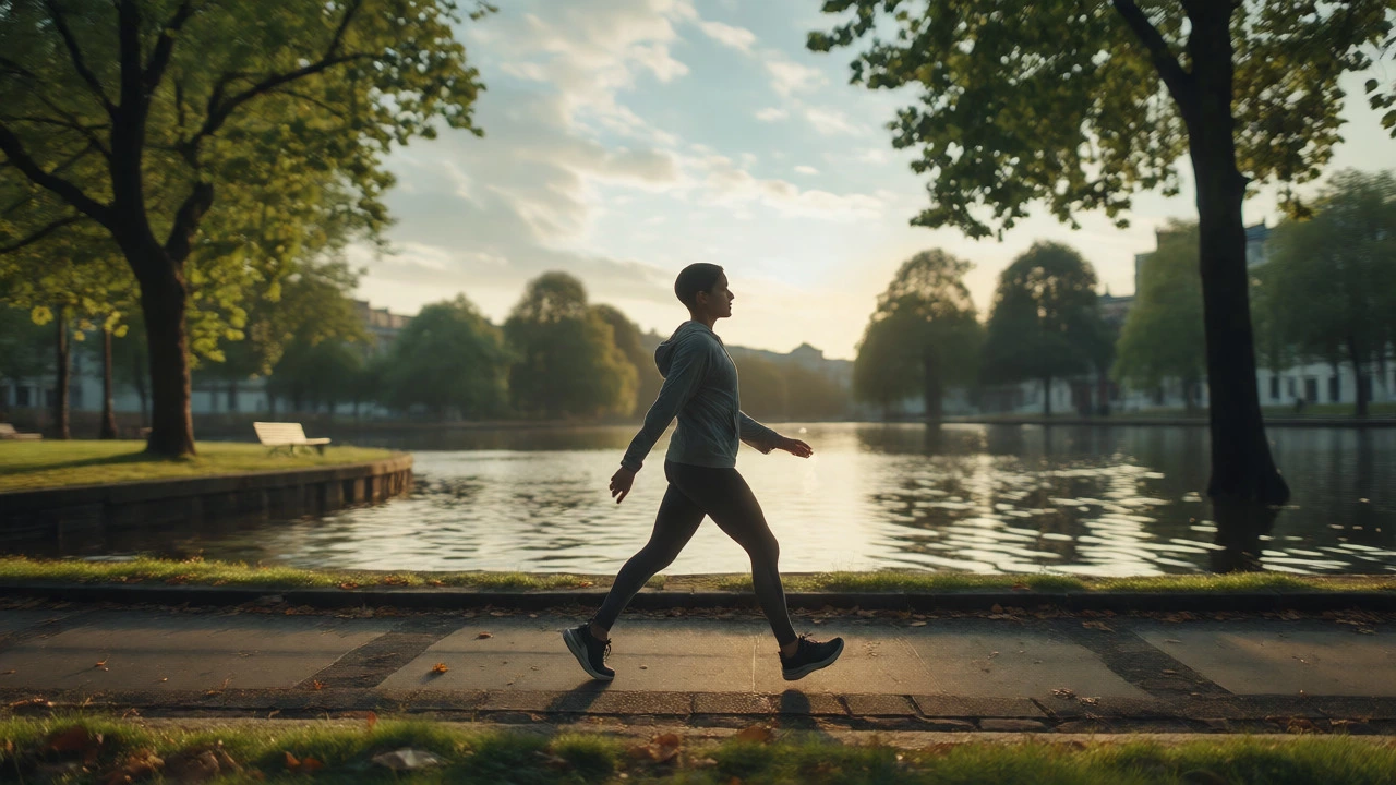 Person briskly walking along a scenic canal path during a low-intensity morning workout