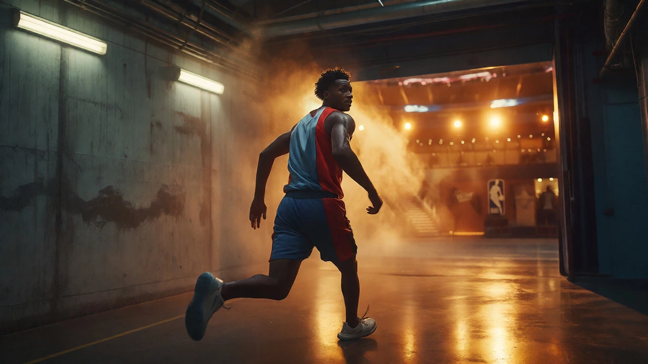Player transitioning from a gritty hallway to a bright NBA stadium entrance