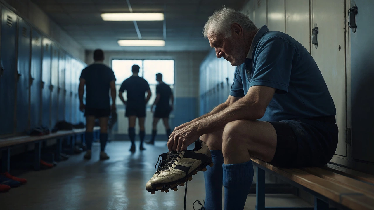 Retired rugby player sitting alone holding his old boots