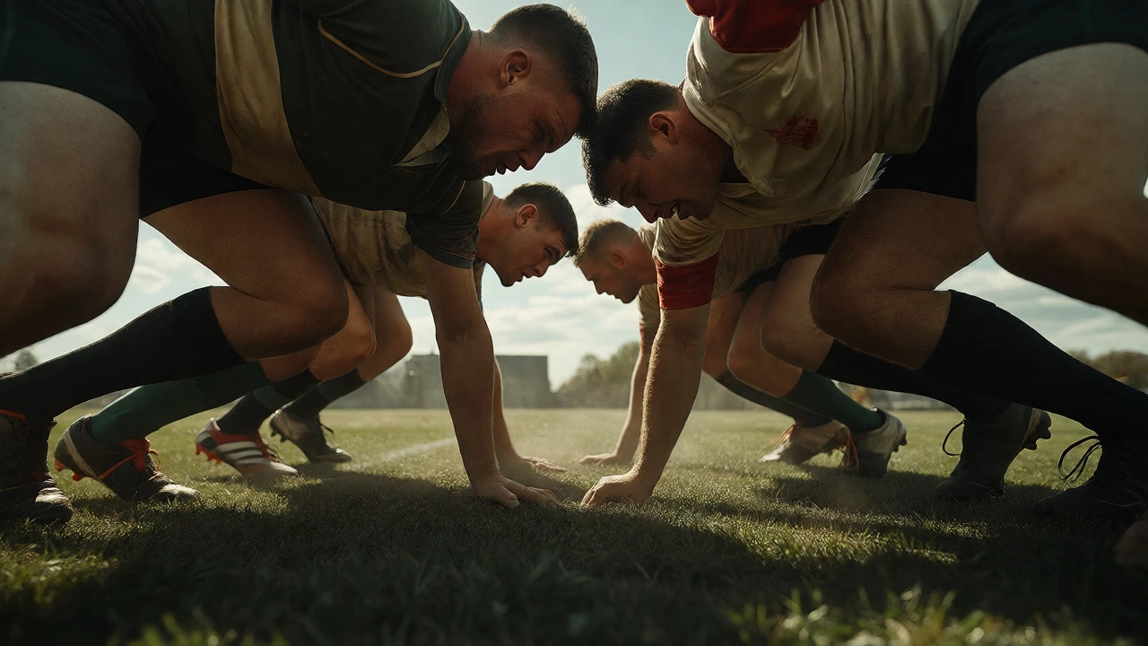 Rugby forwards engaged in a powerful scrum on a muddy pitch