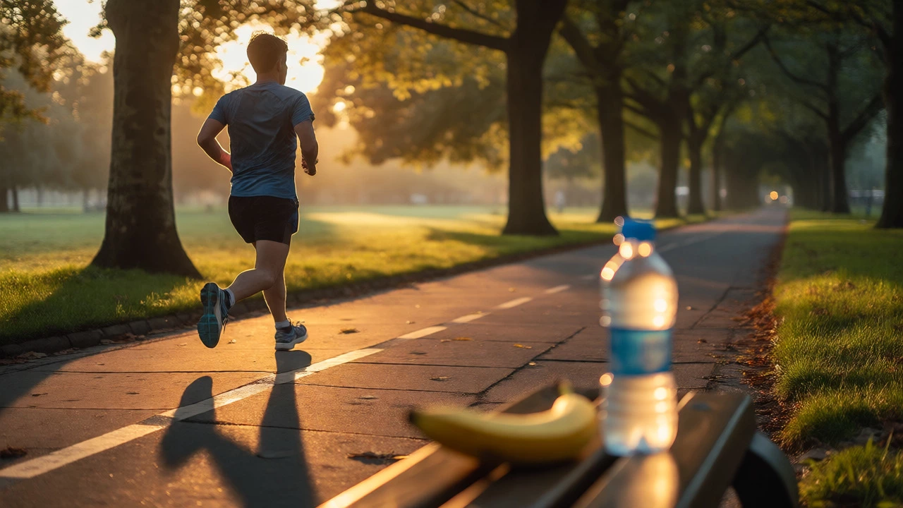 Runner jogging in a park with a banana and water bottle nearby on a bench.