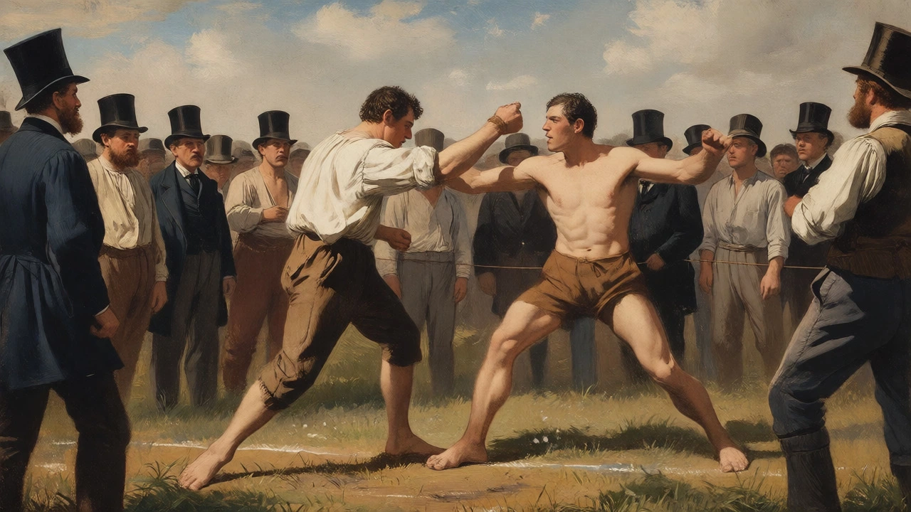 Victorian-era bare-knuckle prizefight in an open field