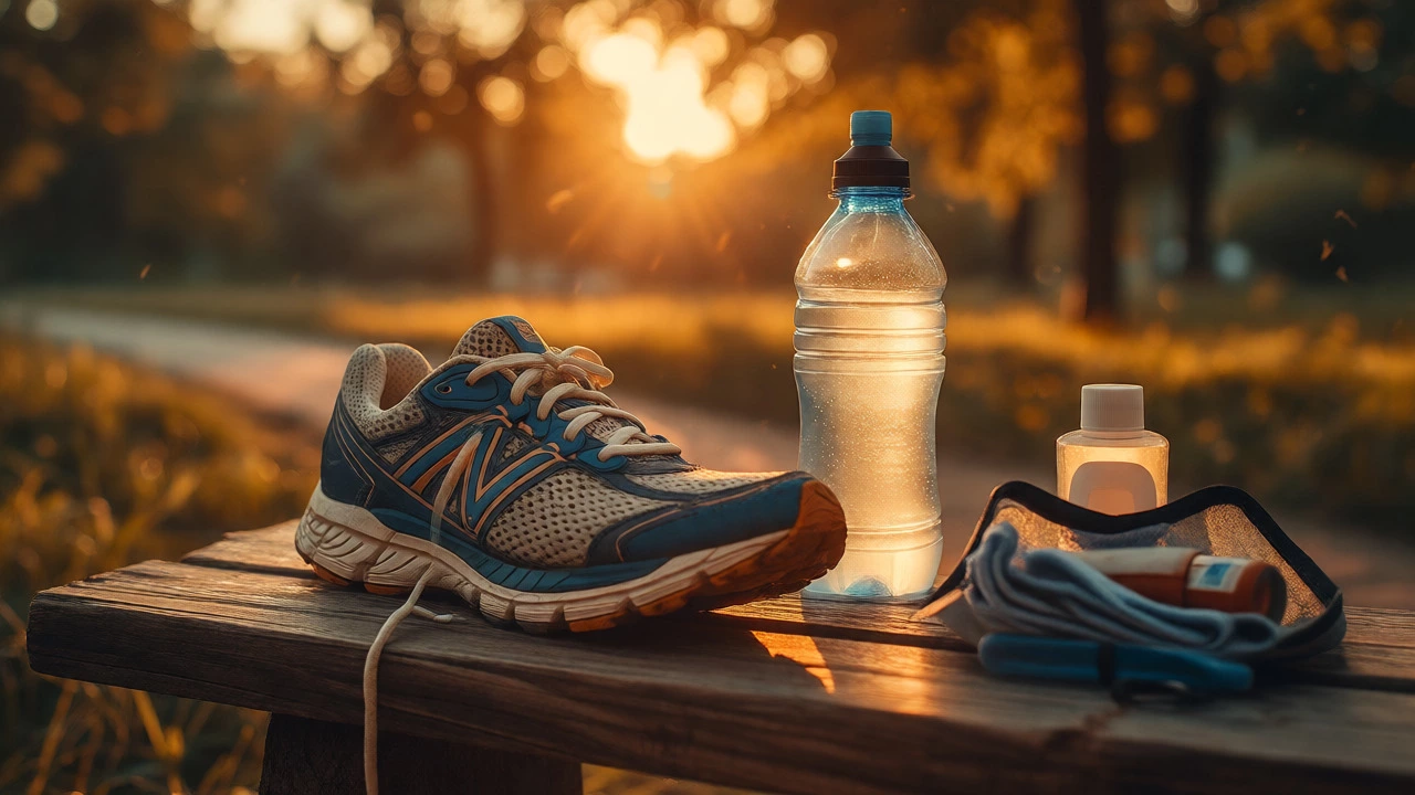 Worn running shoe, water bottle, and maintenance kit on a park bench