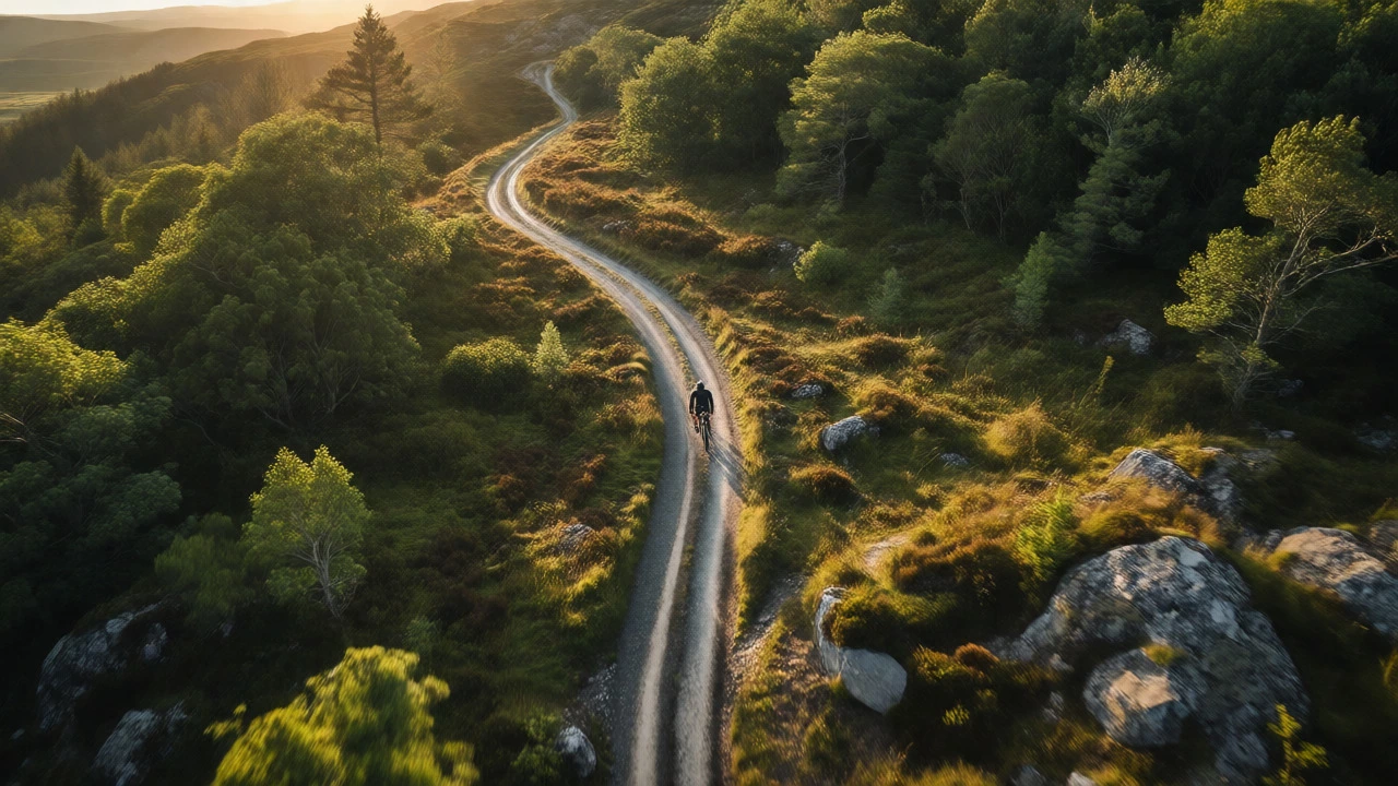 Aerial view of a cyclist on a winding gravel path in mountainous terrain