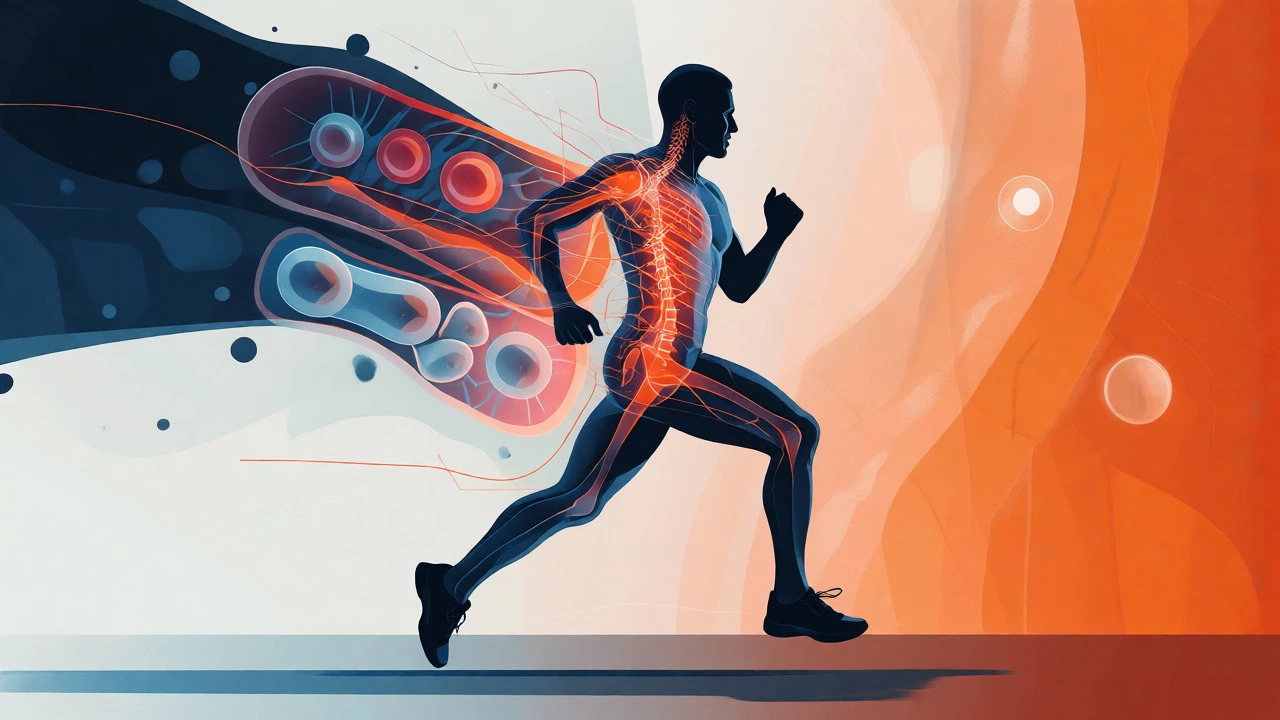 Artistic silhouette of a runner with glowing internal energy systems.
