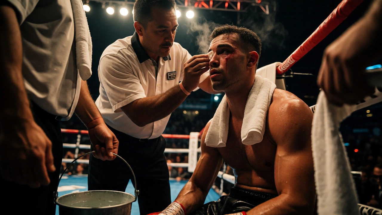 Boxer receiving corner advice and medical attention during rest period