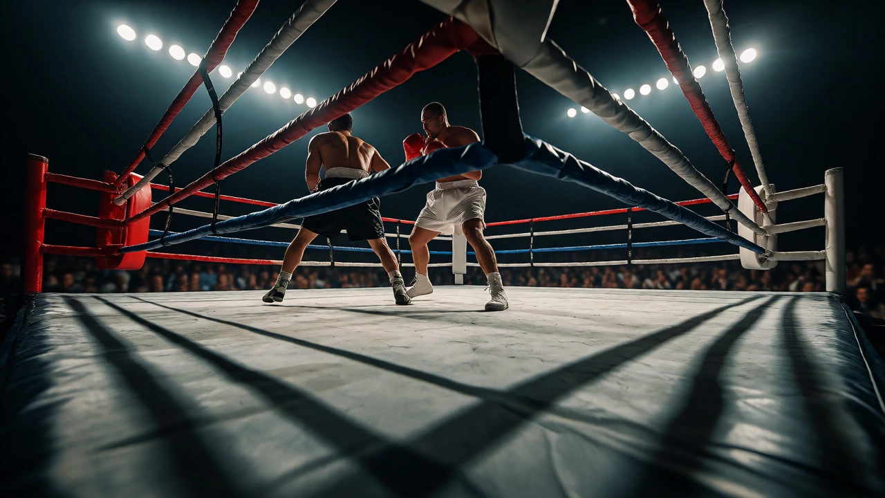 Boxer using footwork to trap opponent against the ropes