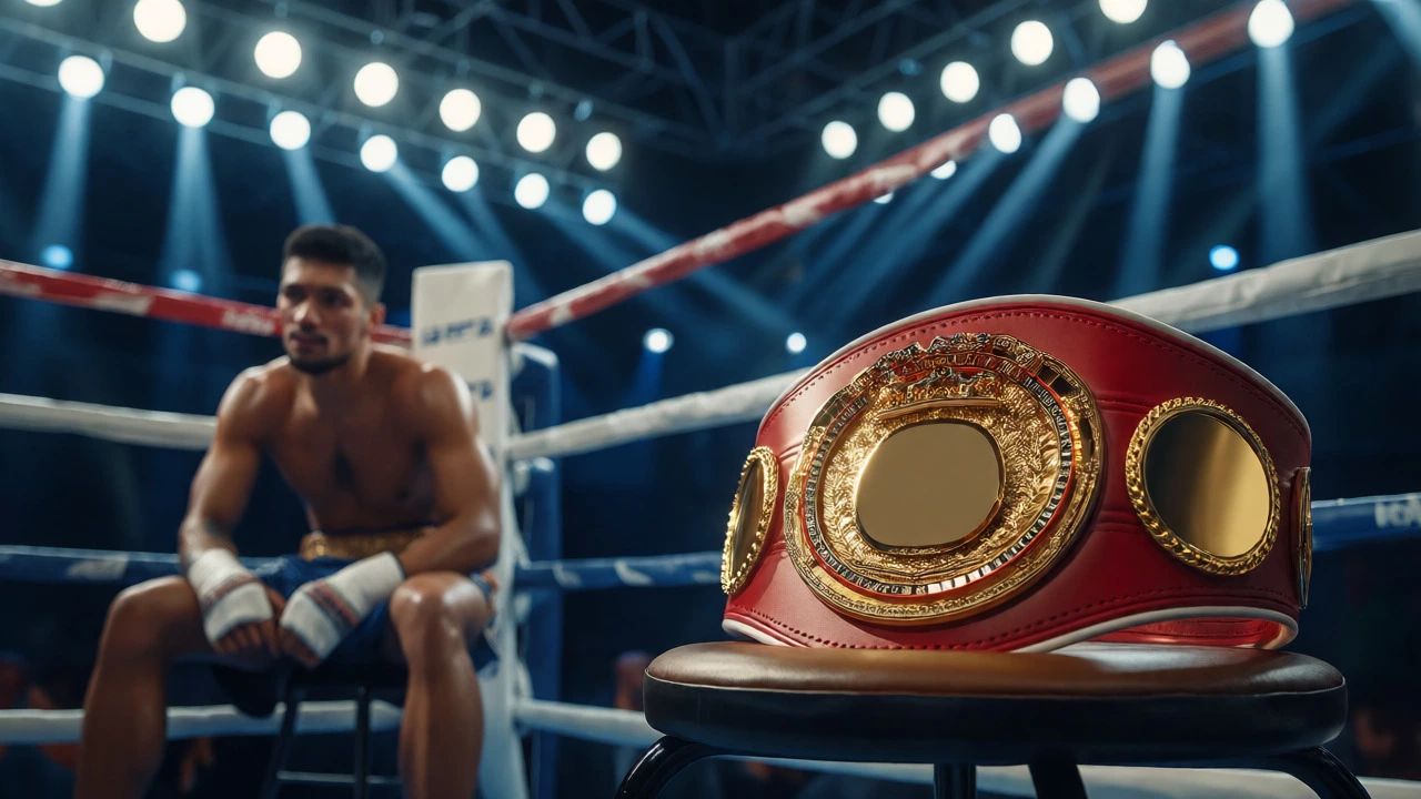 Championship belt on a stool with a boxer in the background