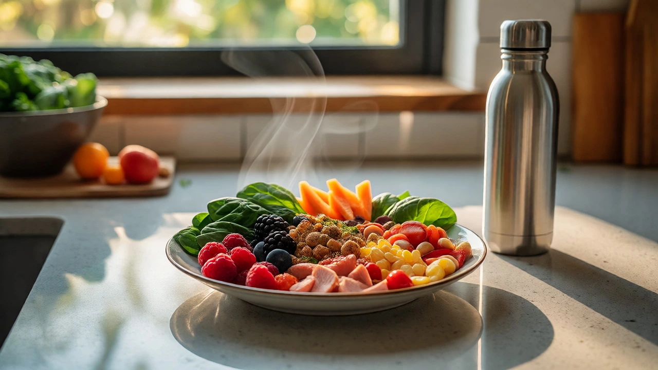Colorful plate of whole foods next to a water bottle