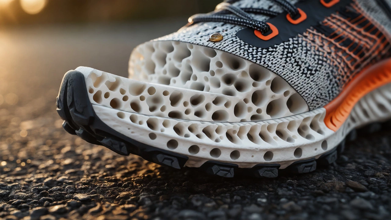 Cross-section of running shoe showing EVA foam and rubber sole layers