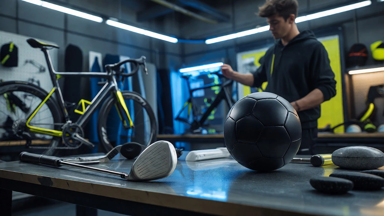 Display of titanium golf club, PU soccer ball, and carbon bike frame