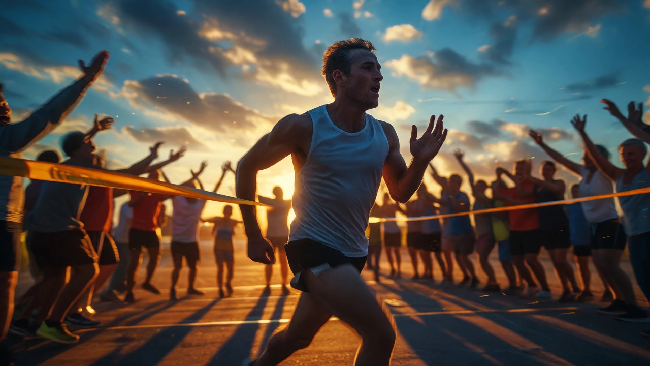 Exhausted runner crossing the finish line at sunset with determination.