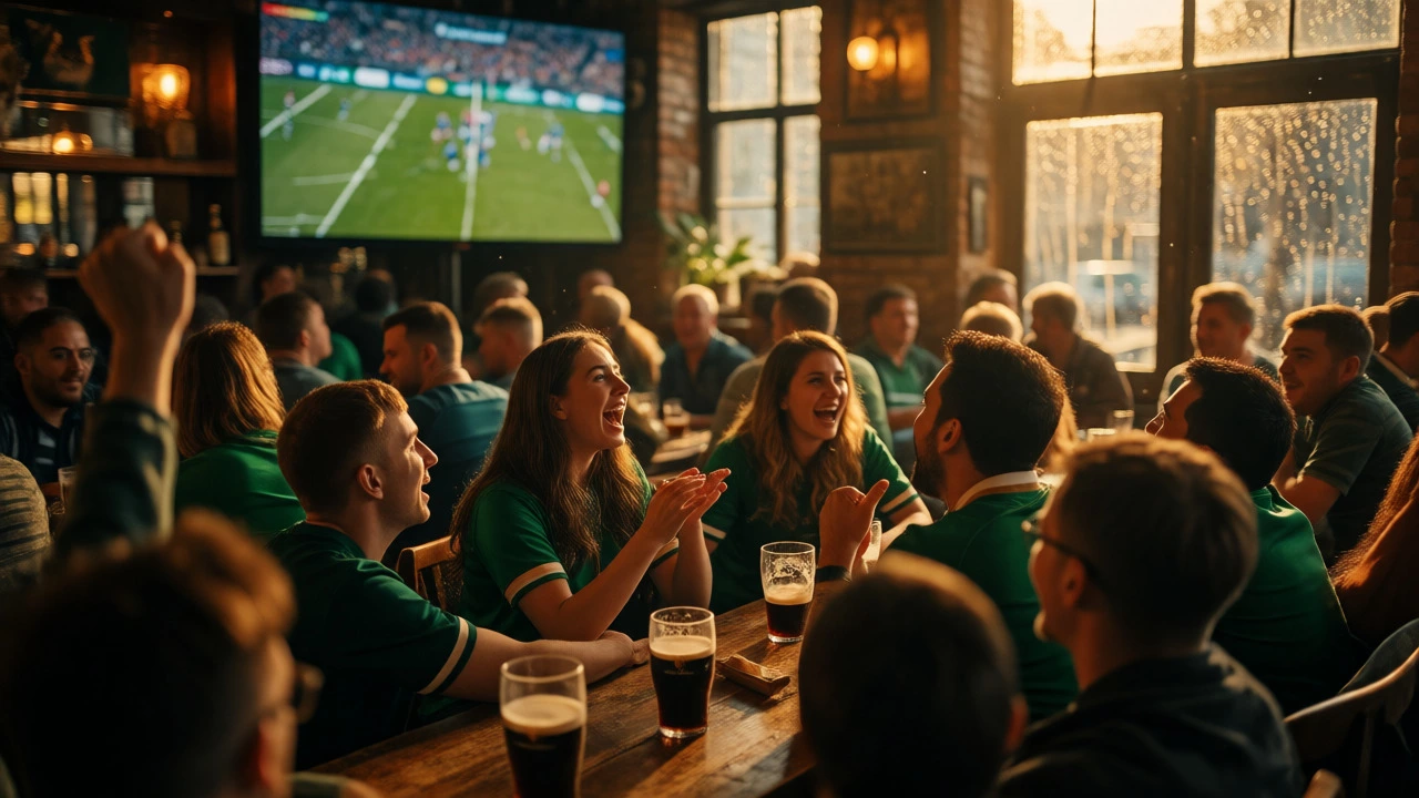 Friends cheering for Ireland rugby in a sunny Dublin pub